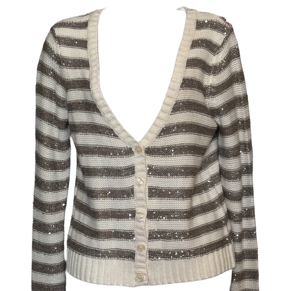 CROPPED STRIPED SEQUINED CARDIGAN/SWEATER. CABLE KNIT, 5 BUTTON, V NECK SIZE M